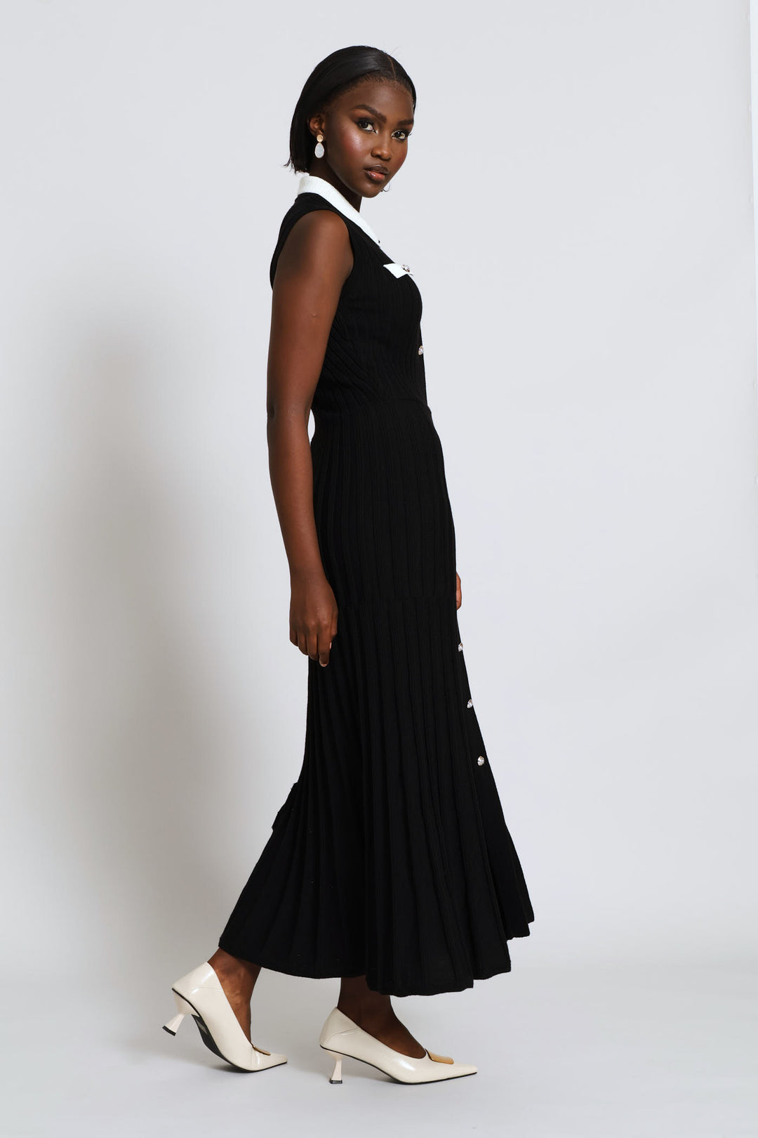 Button Through Preppy Knitwear Maxi Dress - Black/Cream