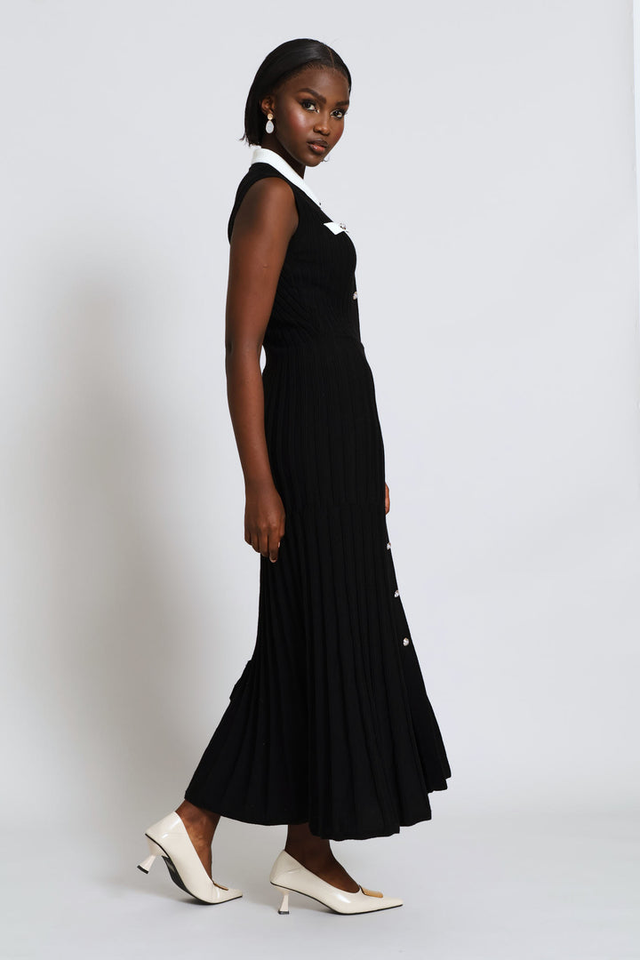 Button Through Preppy Knitwear Maxi Dress - Black/Cream