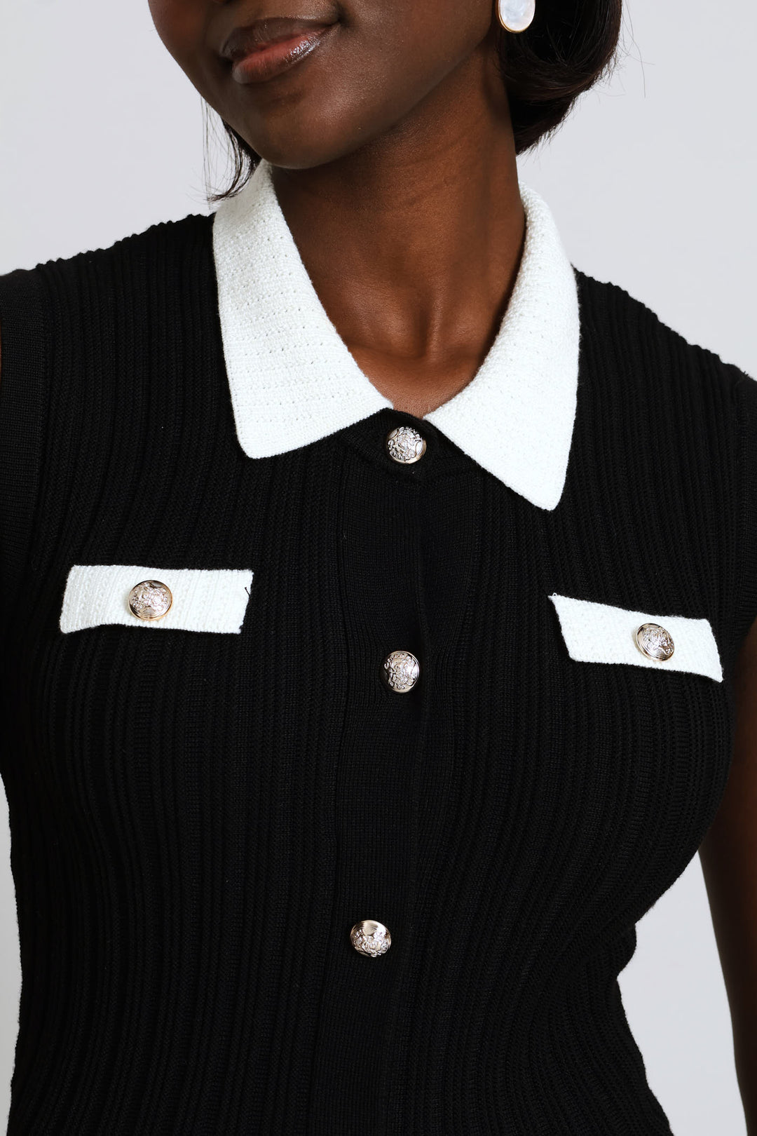 Button Through Preppy Knitwear Maxi Dress - Black/Cream