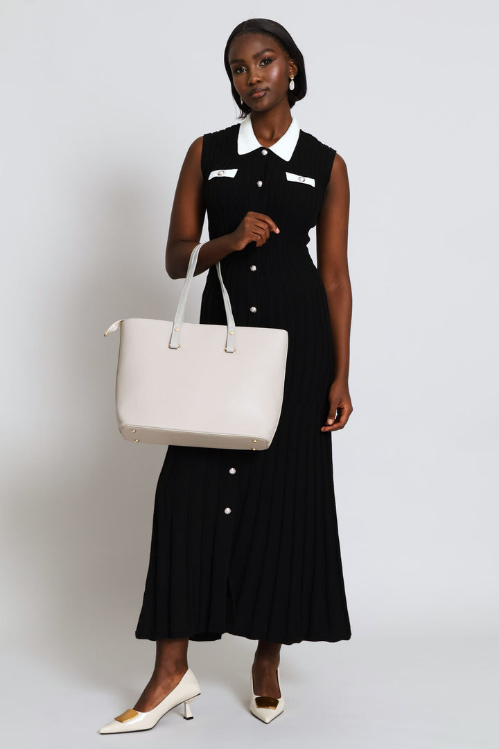 Gold Trim Shopper Bag - Light Grey
