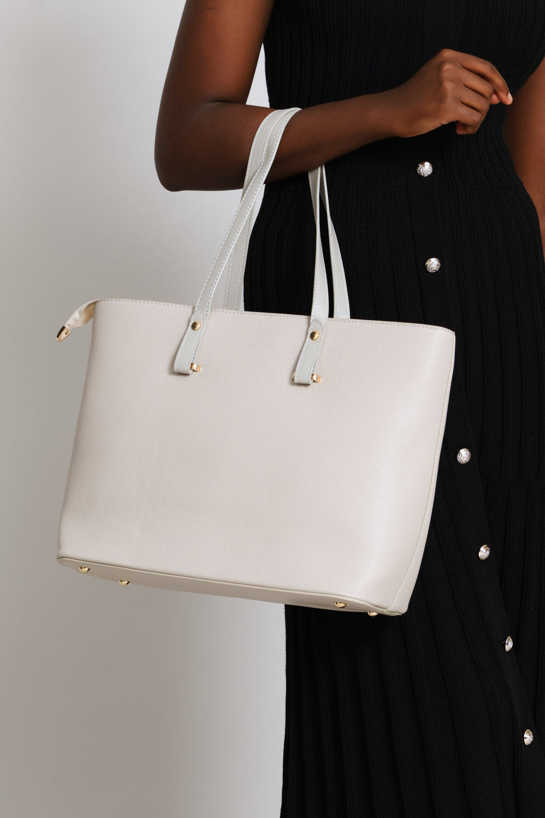 Gold Trim Shopper Bag - Light Grey