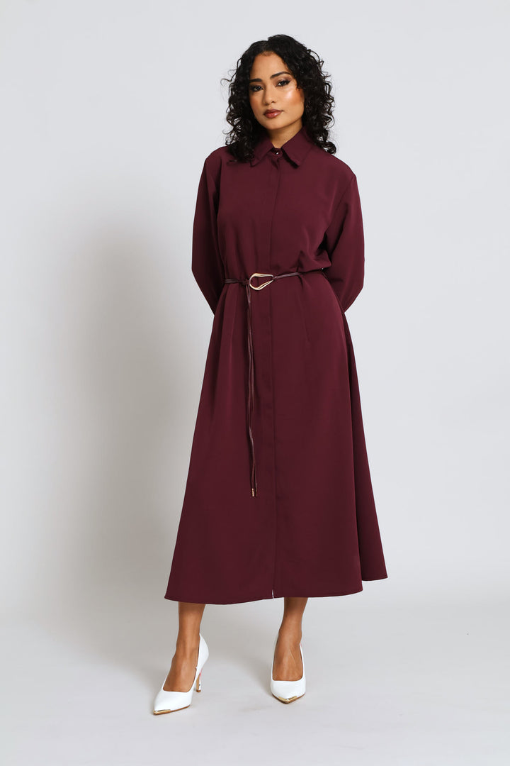 Belted Trim Shirt Midi Dress - Dark Purple