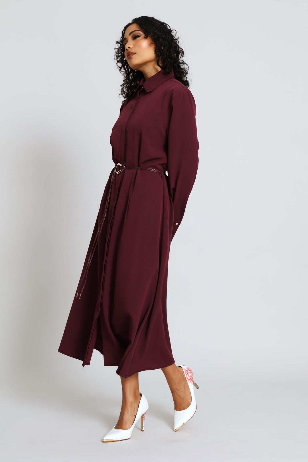 Belted Trim Shirt Midi Dress - Dark Purple