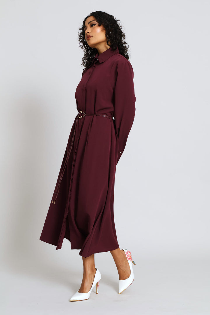 Belted Trim Shirt Midi Dress - Dark Purple