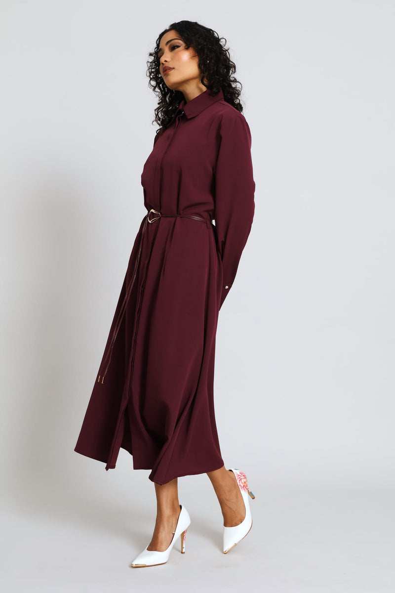 Belted Trim Shirt Midi Dress - Dark Purple