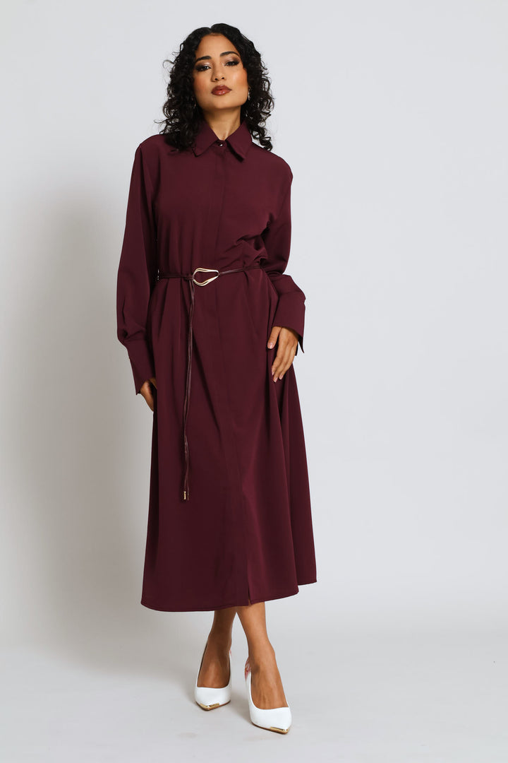 Belted Trim Shirt Midi Dress - Dark Purple