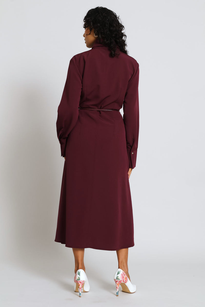 Belted Trim Shirt Midi Dress - Dark Purple
