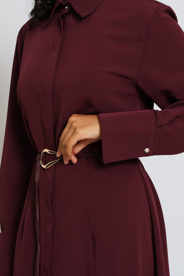 Belted Trim Shirt Midi Dress - Dark Purple