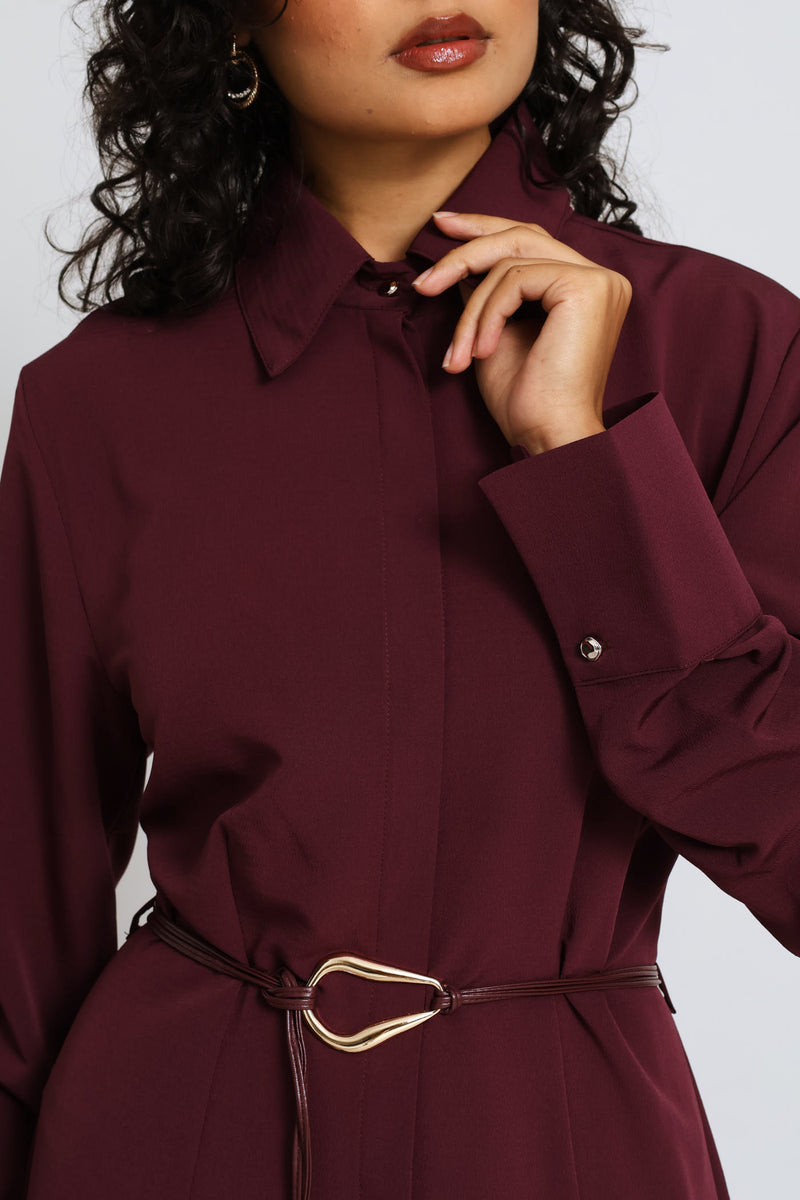 Belted Trim Shirt Midi Dress - Dark Purple