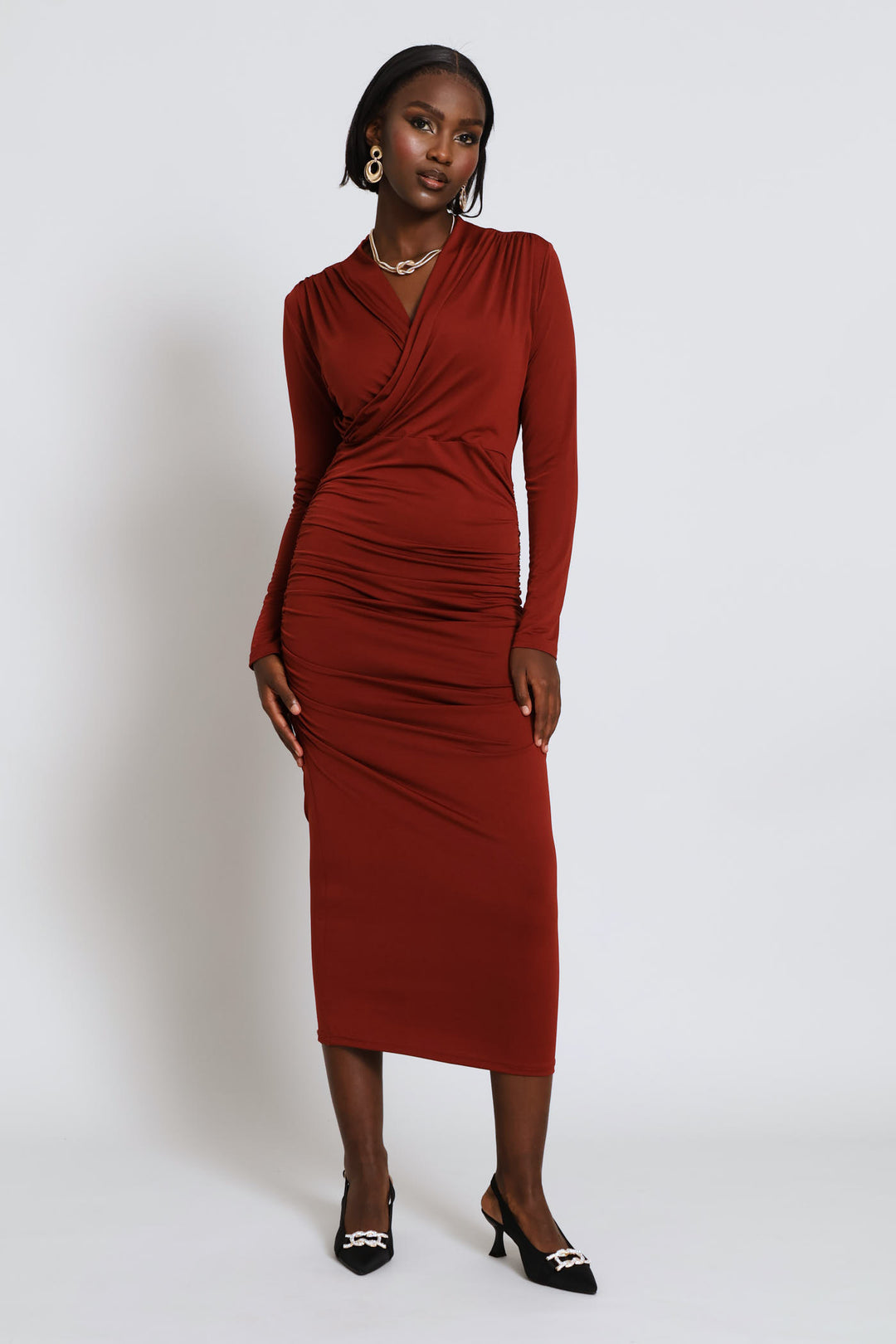 Ruched Slit Slinky Midi Dress - Copper