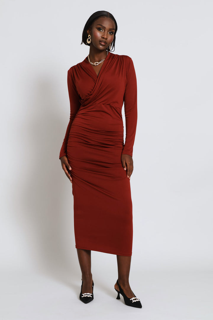 Ruched Slit Slinky Midi Dress - Copper