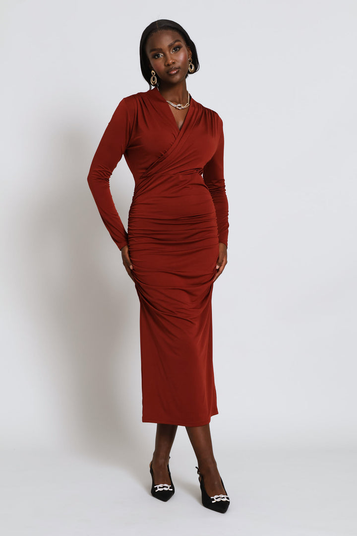 Ruched Slit Slinky Midi Dress - Copper
