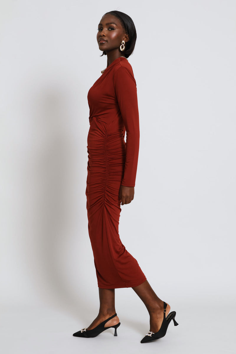 Ruched Slit Slinky Midi Dress - Copper