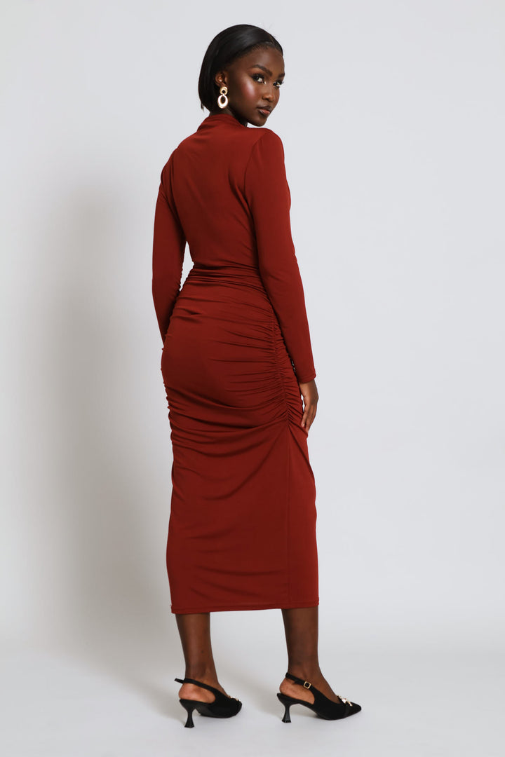 Ruched Slit Slinky Midi Dress - Copper