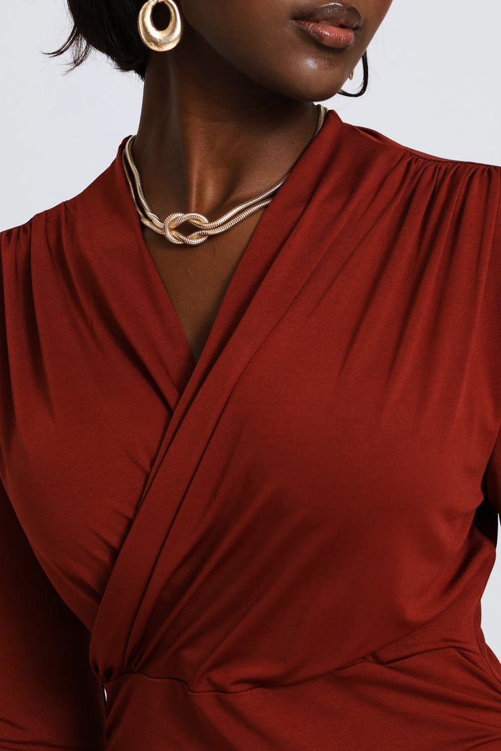 Ruched Slit Slinky Midi Dress - Copper
