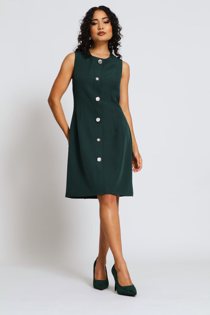 Button Through Work Dress - Bottle Green