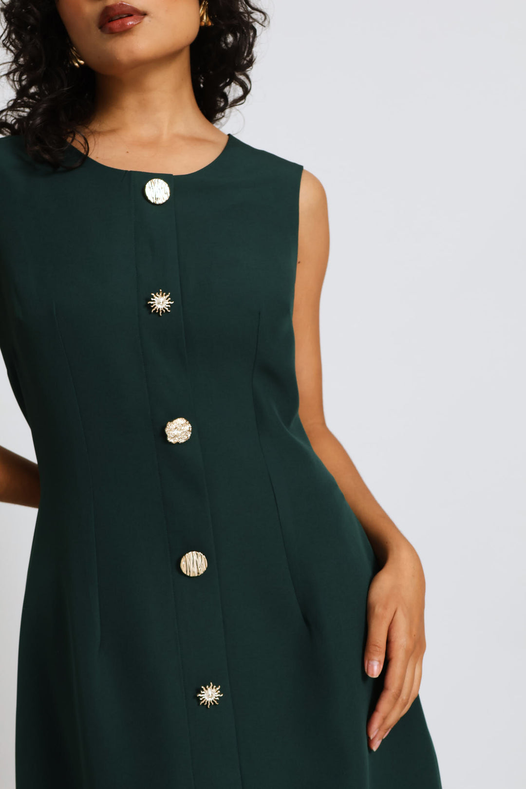Button Through Work Dress - Bottle Green