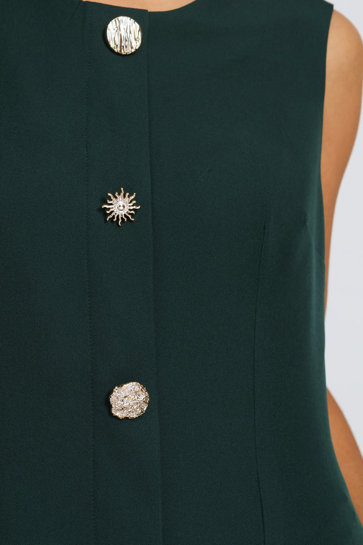 Button Through Work Dress - Bottle Green