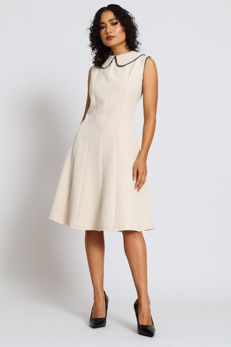 Peter Pan Collared Panelled Dress - Stone/Black