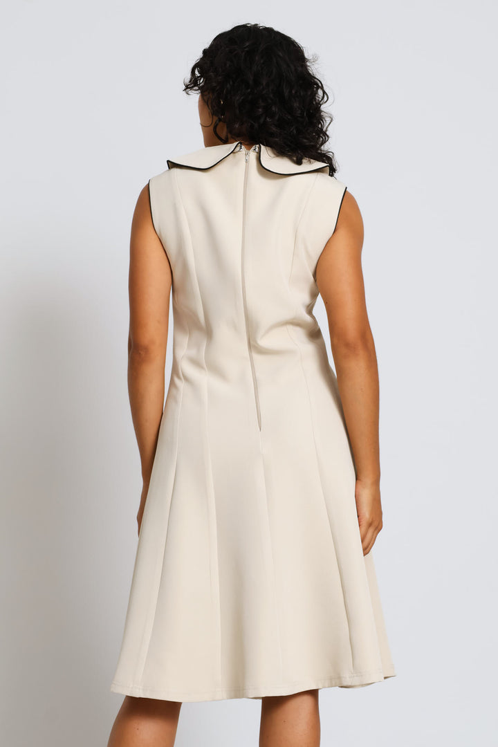 Peter Pan Collared Panelled Dress - Stone/Black