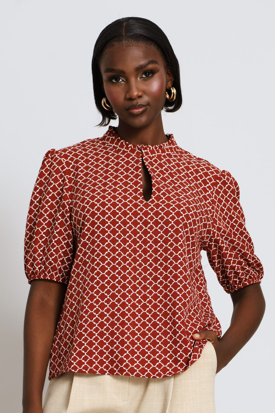 Keyhole Geo Puff Sleeve Blouse - Copper