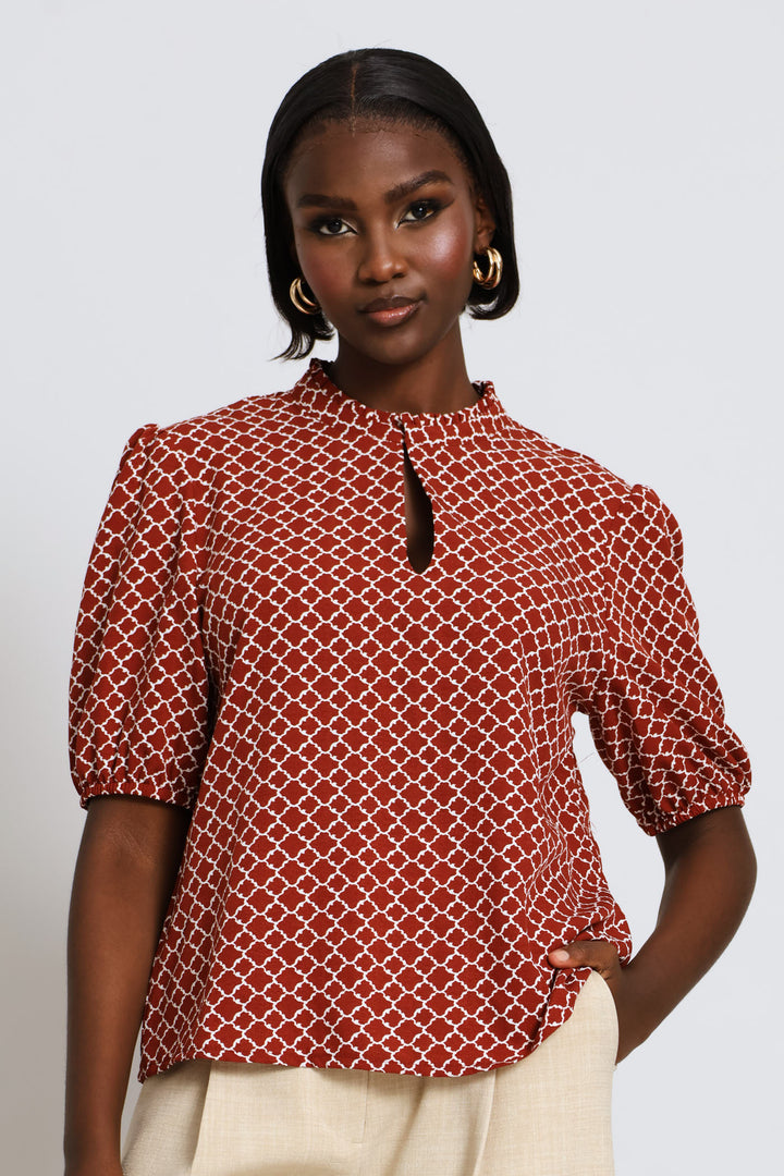 Keyhole Geo Puff Sleeve Blouse - Copper