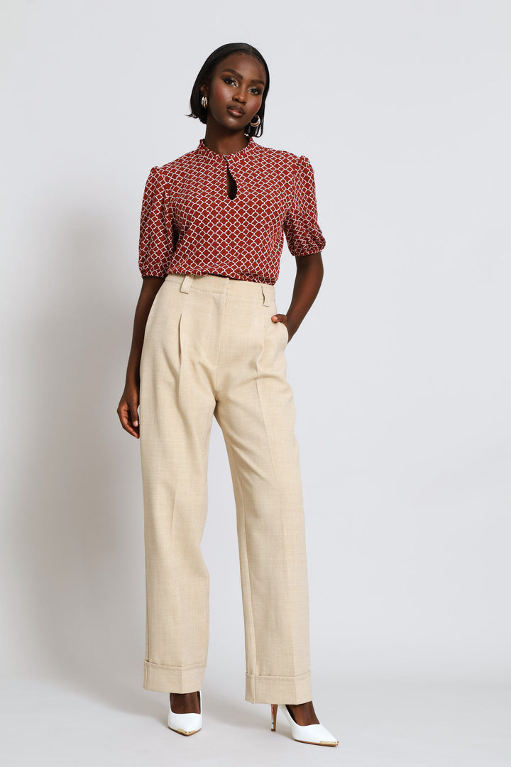 Keyhole Geo Puff Sleeve Blouse - Copper