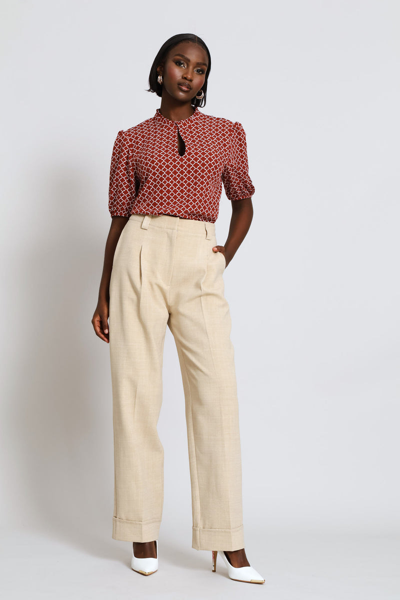 Keyhole Geo Puff Sleeve Blouse - Copper