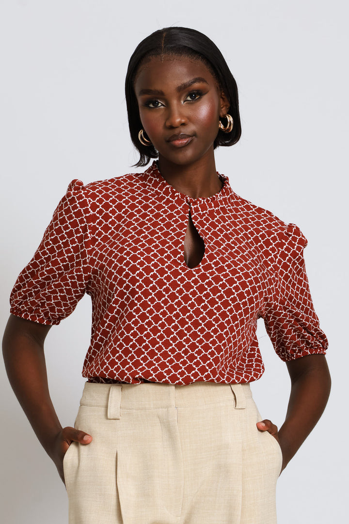 Keyhole Geo Puff Sleeve Blouse - Copper