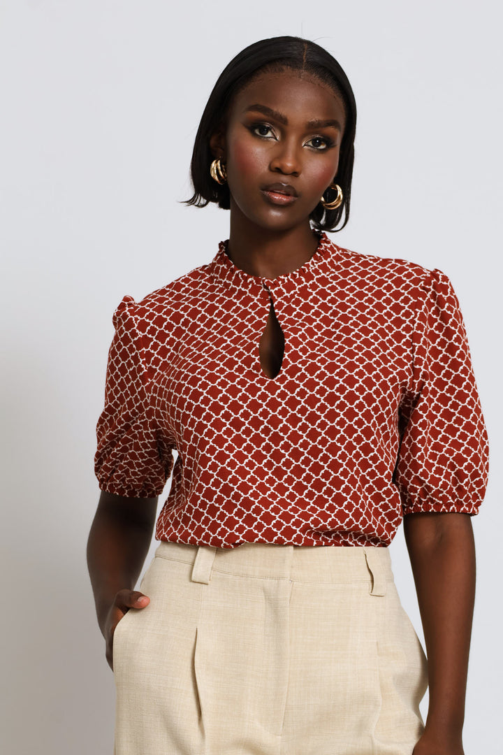 Keyhole Geo Puff Sleeve Blouse - Copper