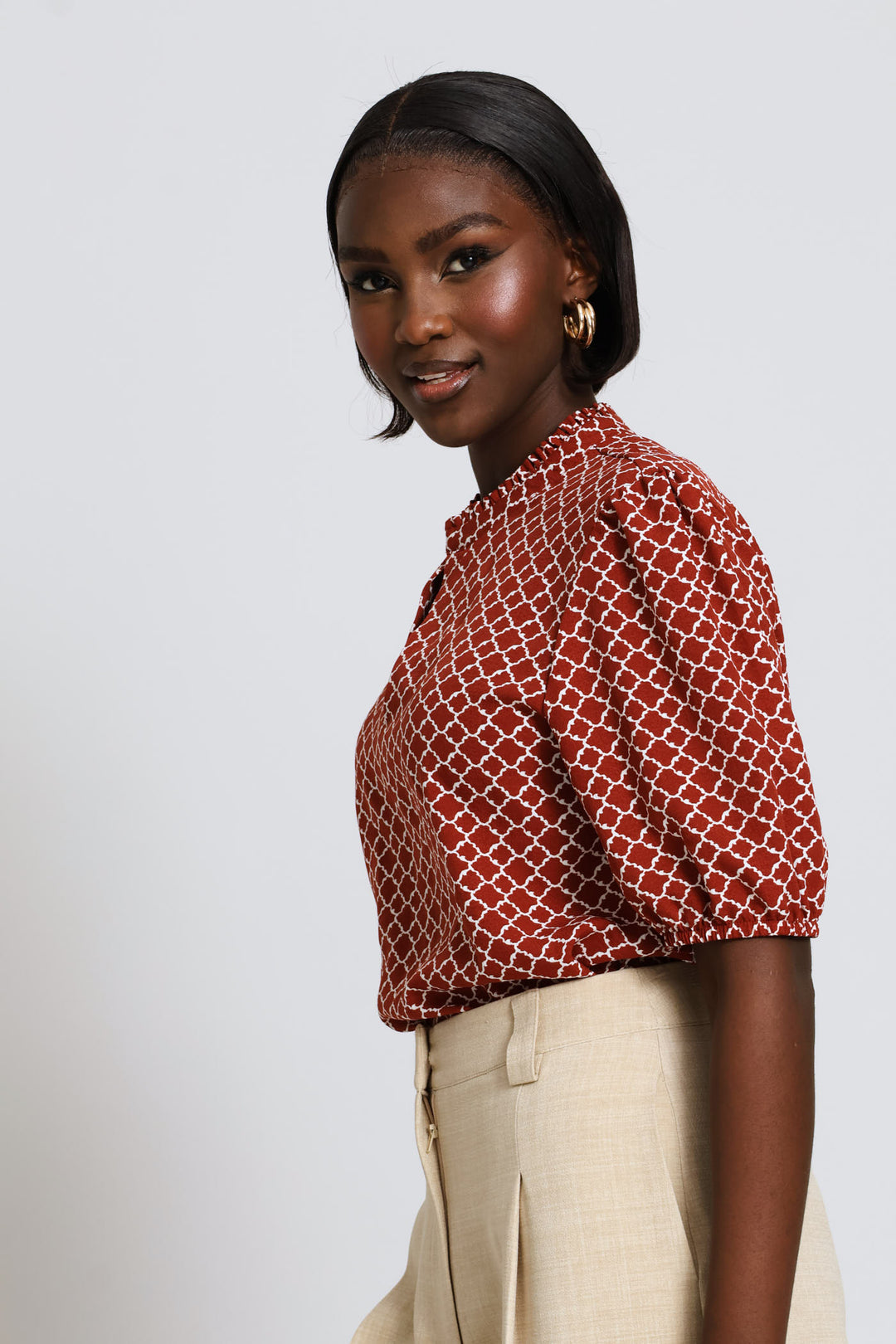 Keyhole Geo Puff Sleeve Blouse - Copper