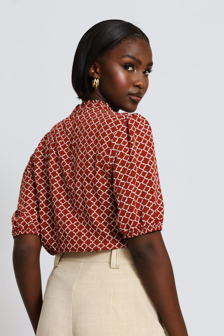 Keyhole Geo Puff Sleeve Blouse - Copper