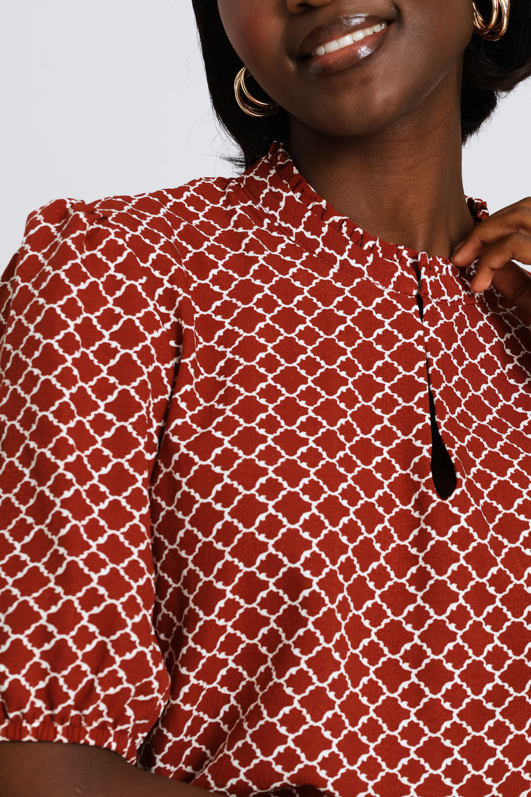 Keyhole Geo Puff Sleeve Blouse - Copper