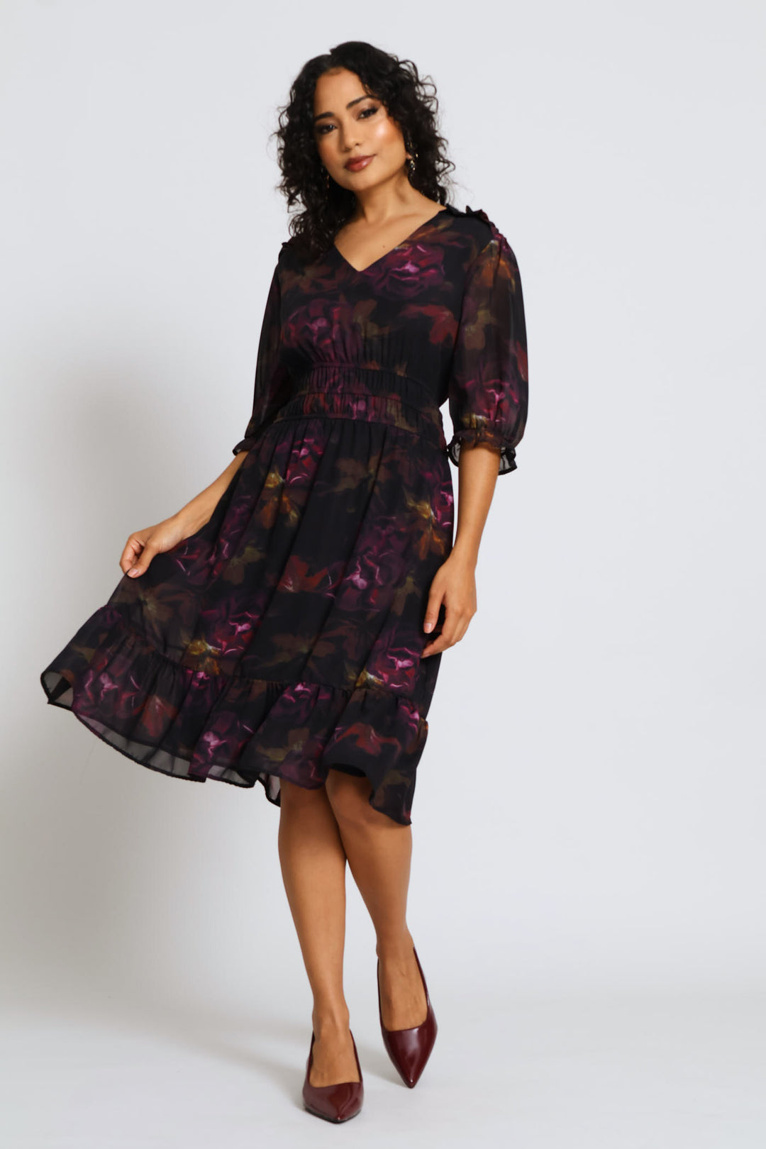 V-Neck Puff Sleeve Floral Tea Dress - Dark Purple