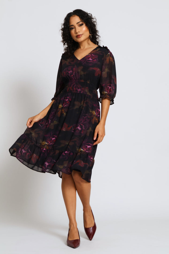 V-Neck Puff Sleeve Floral Tea Dress - Dark Purple
