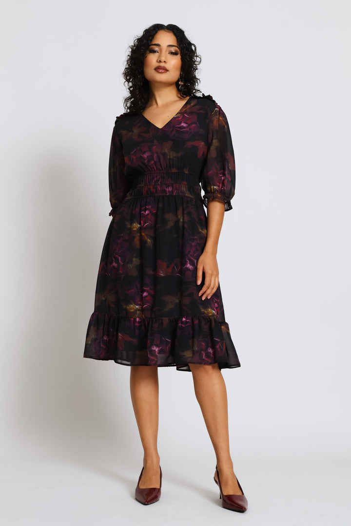 V-Neck Puff Sleeve Floral Tea Dress - Dark Purple