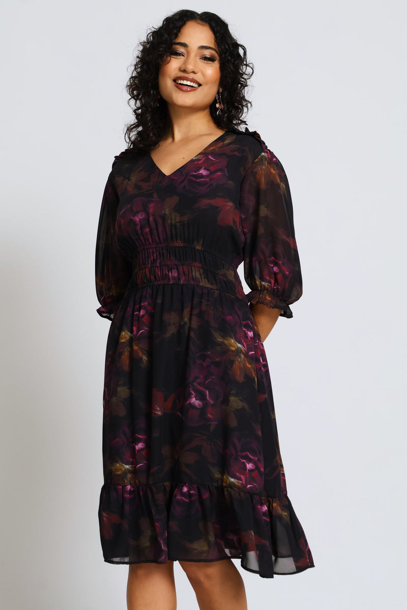 V-Neck Puff Sleeve Floral Tea Dress - Dark Purple