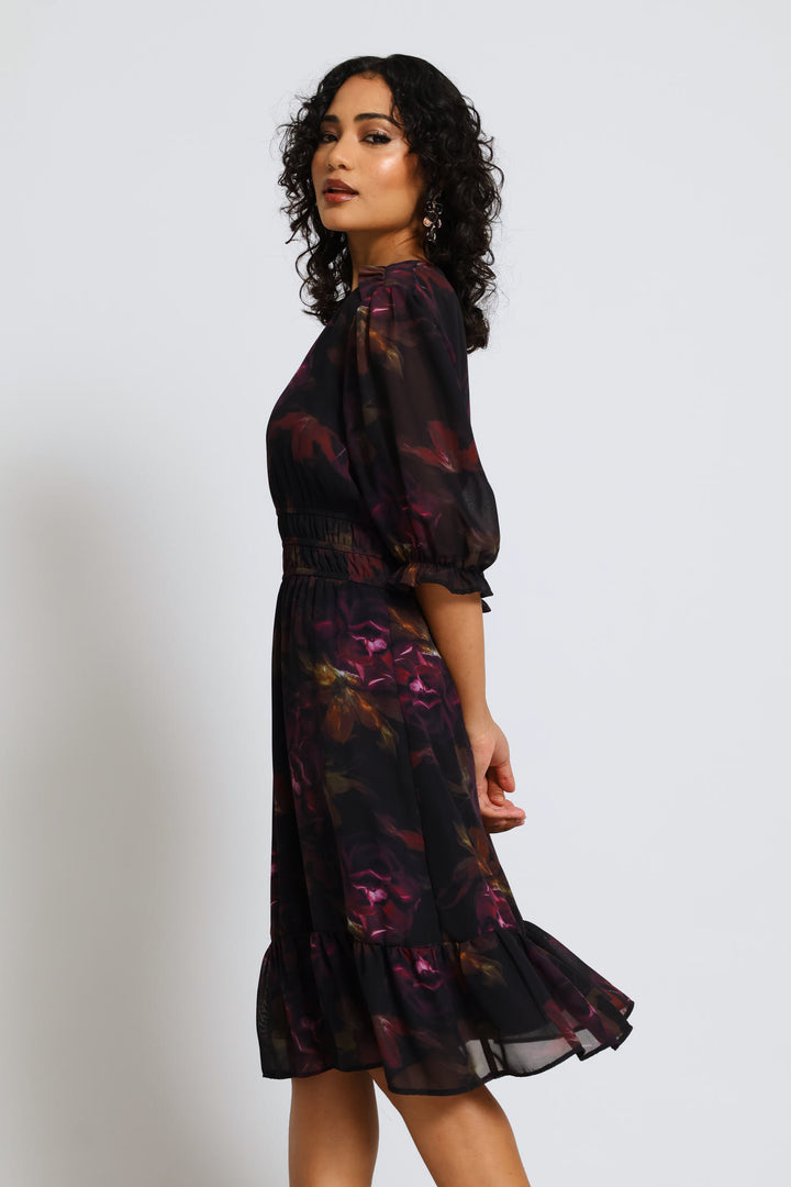 V-Neck Puff Sleeve Floral Tea Dress - Dark Purple