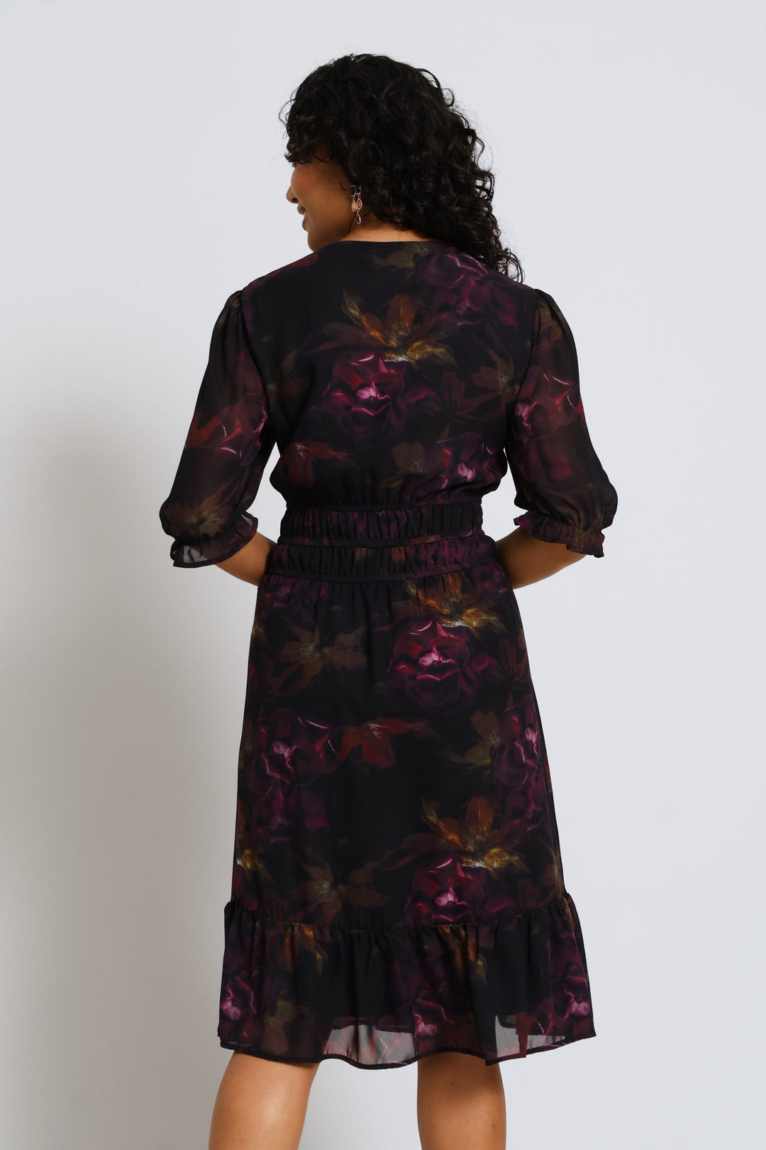 V-Neck Puff Sleeve Floral Tea Dress - Dark Purple