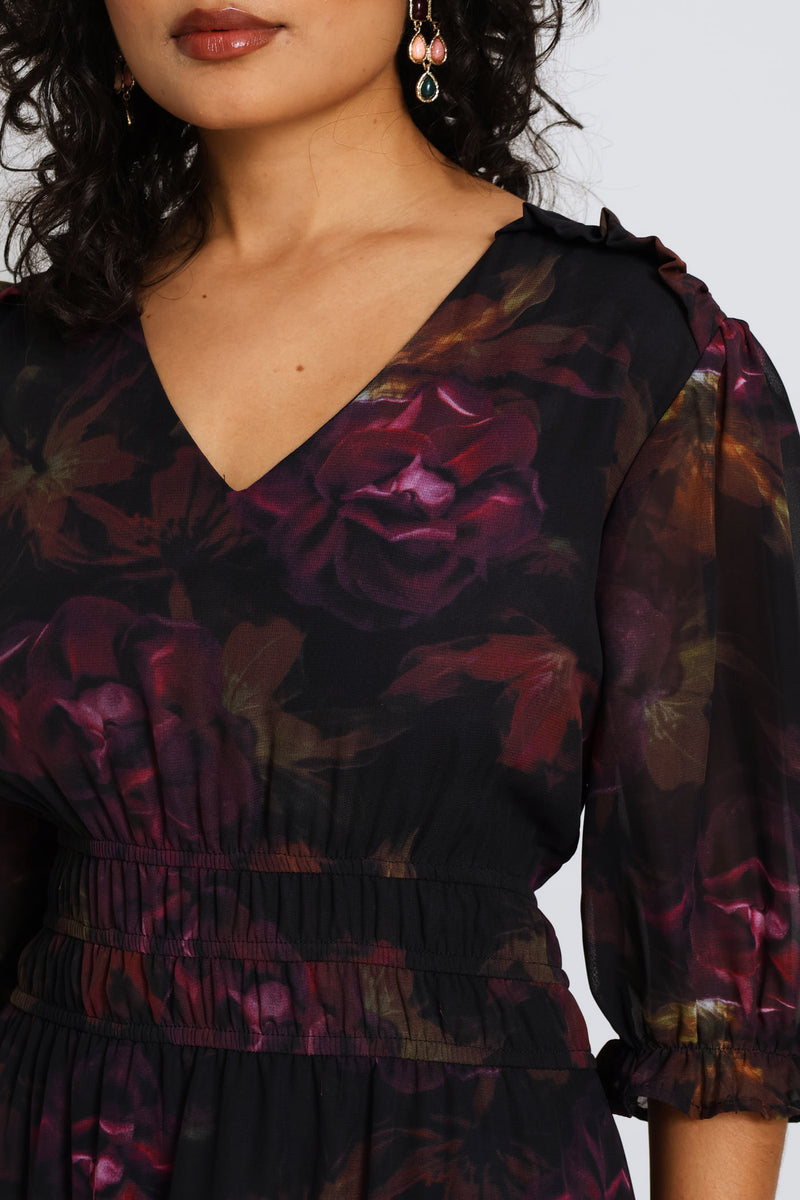 V-Neck Puff Sleeve Floral Tea Dress - Dark Purple