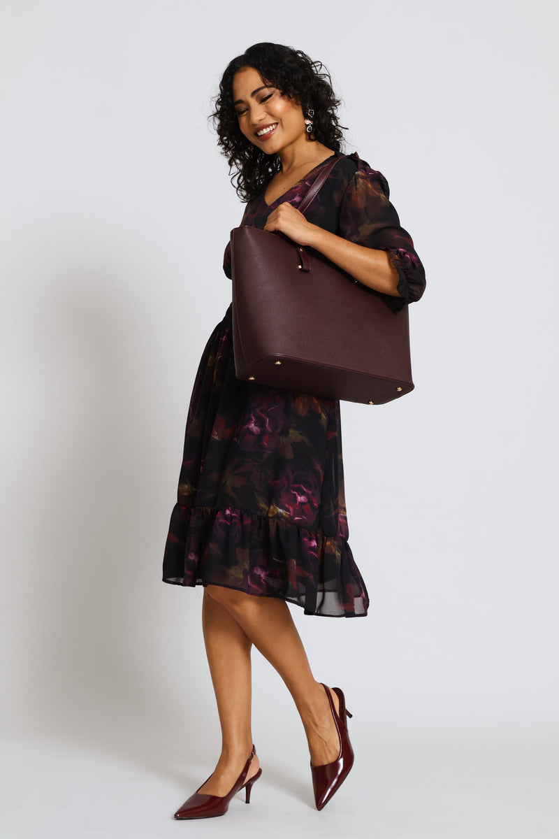 Gold Trim Shopper Bag - Plum