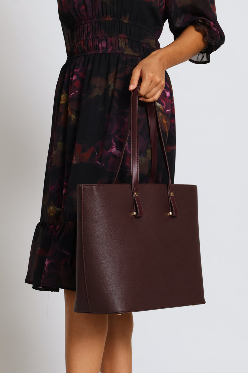Gold Trim Shopper Bag - Plum
