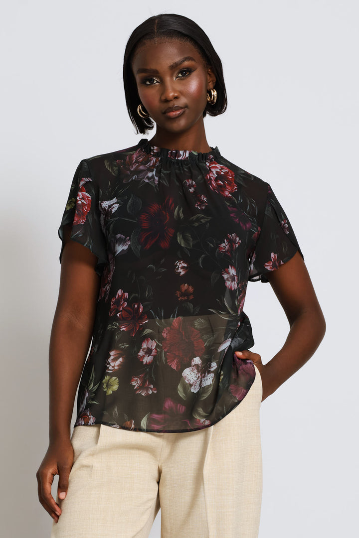 Frill Neck Dark Floral Blouse - Bottle Green