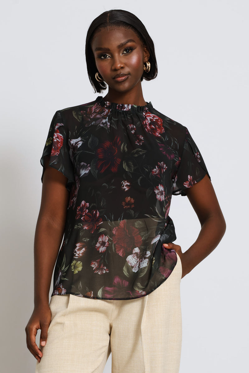 Frill Neck Dark Floral Blouse - Bottle Green