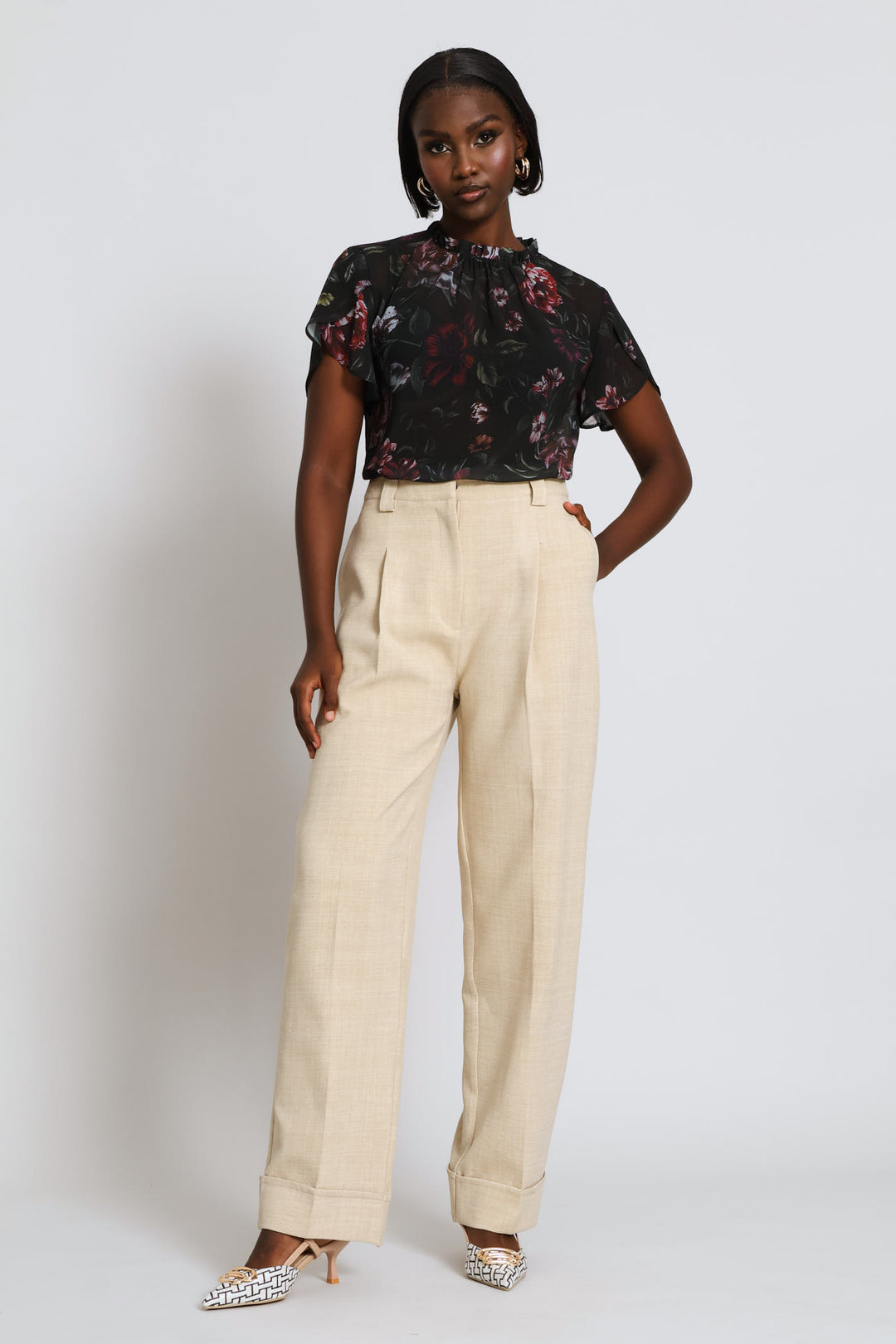 Frill Neck Dark Floral Blouse - Bottle Green