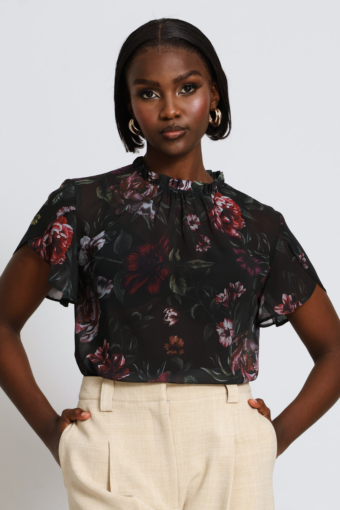 Frill Neck Dark Floral Blouse - Bottle Green