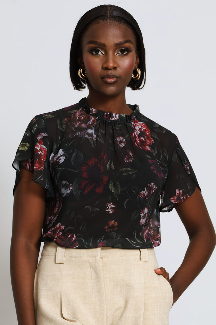 Frill Neck Dark Floral Blouse - Bottle Green