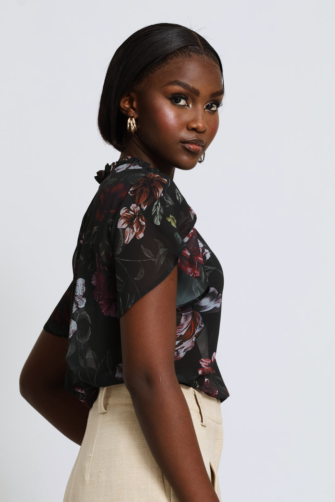 Frill Neck Dark Floral Blouse - Bottle Green