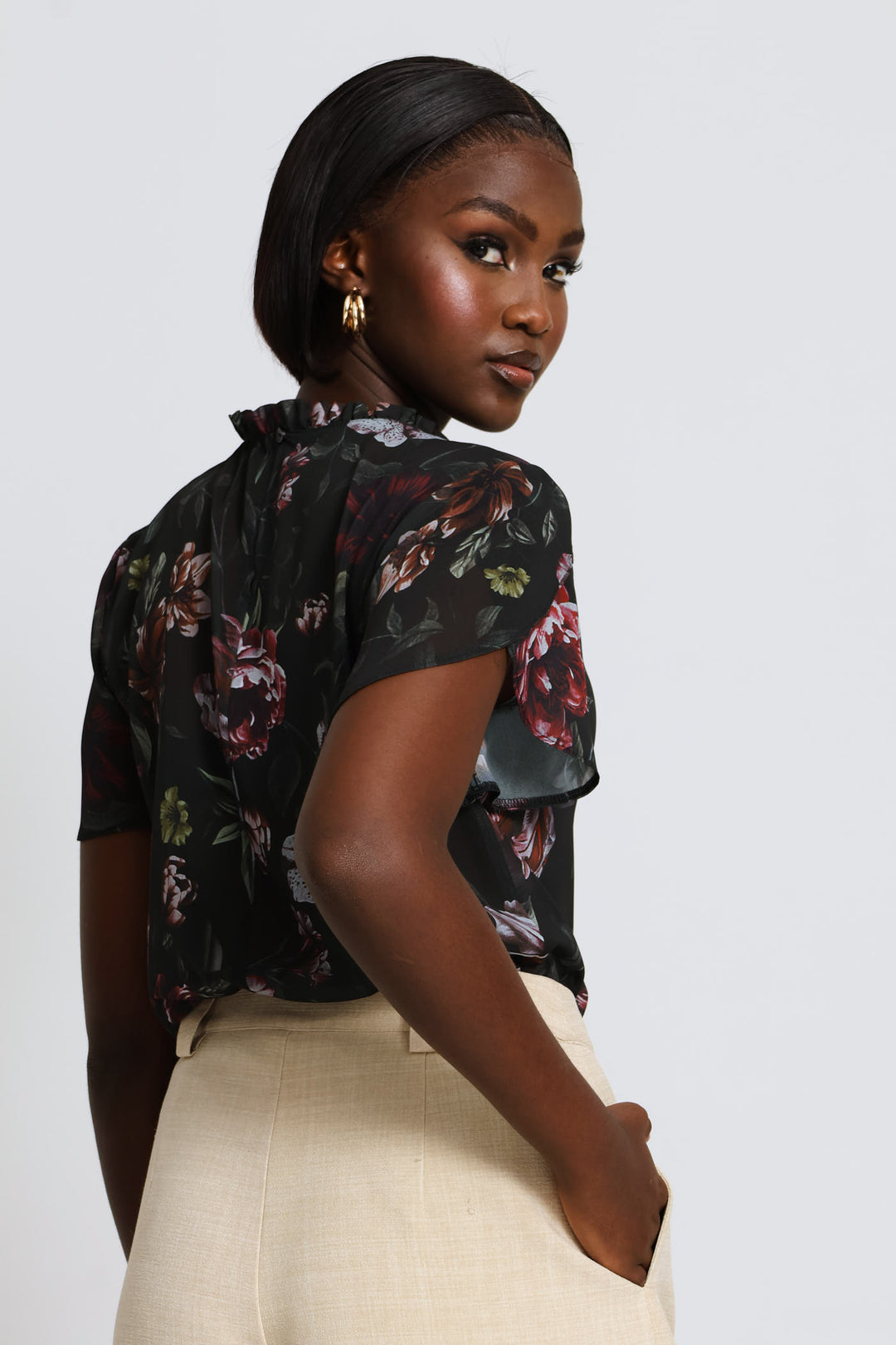 Frill Neck Dark Floral Blouse - Bottle Green