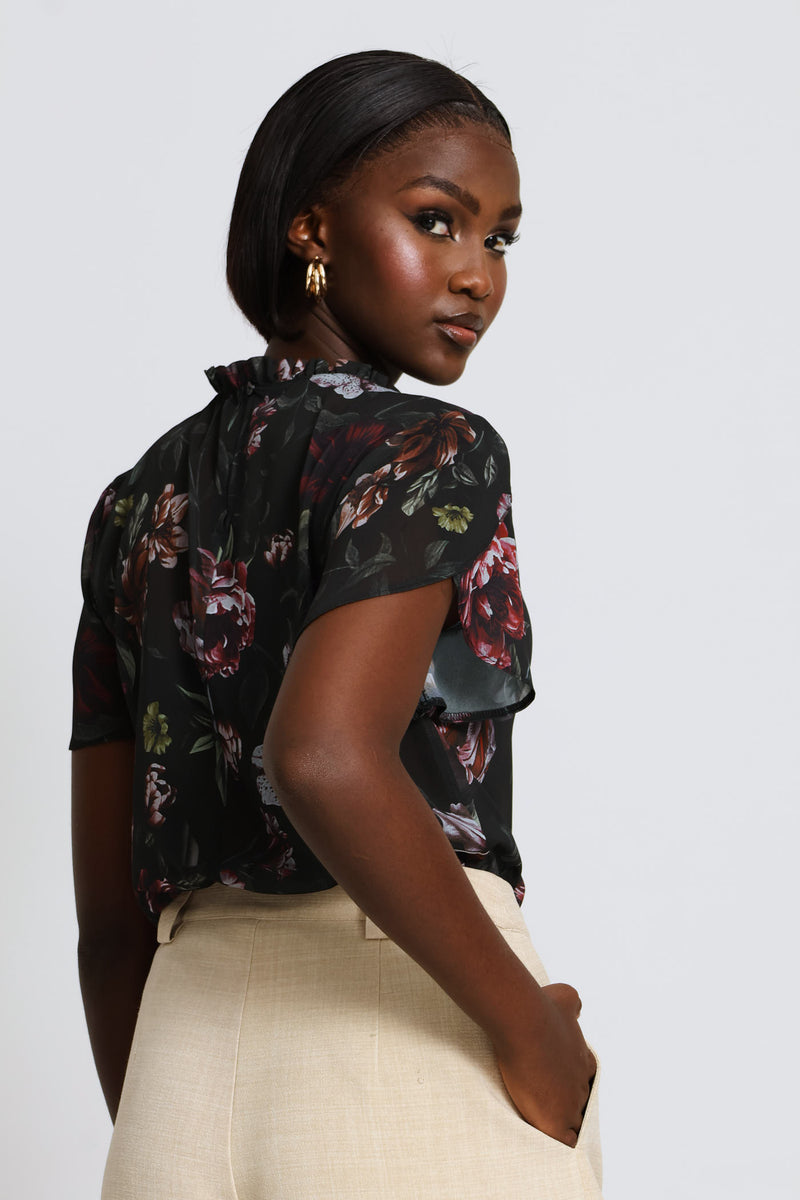 Frill Neck Dark Floral Blouse - Bottle Green